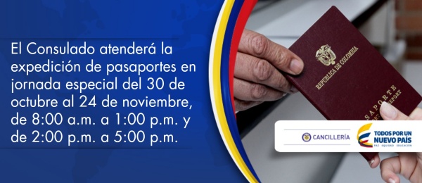 El Consulado de Colombia en Asunción implementa jornada especial para la expedición de pasaportes entre el 30 de octubre y el 24 de noviembre, de 8:00 a.m. a 1:00 p.m. y de 2:00 p.m. a 5:00 p.m.