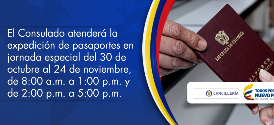 El Consulado de Colombia en Asunción implementa jornada especial para la expedición de pasaportes entre el 30 de octubre y el 24 de noviembre, de 8:00 a.m. a 1:00 p.m. y de 2:00 p.m. a 5:00 p.m.